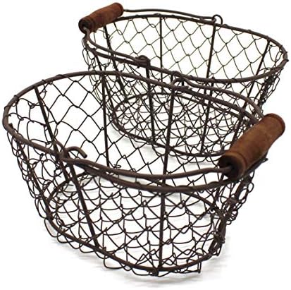 CVHOMEDECO Metal Wire Egg Baskets with Wooden Handle Set of 2