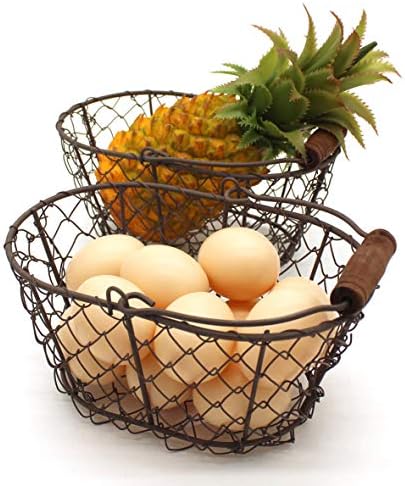 CVHOMEDECO Metal Wire Egg Baskets with Wooden Handle Set of 2