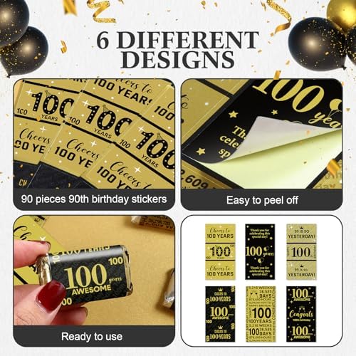 Tenare 90 Pcs 100th Birthday Black and Gold Stickers for Party Supplies