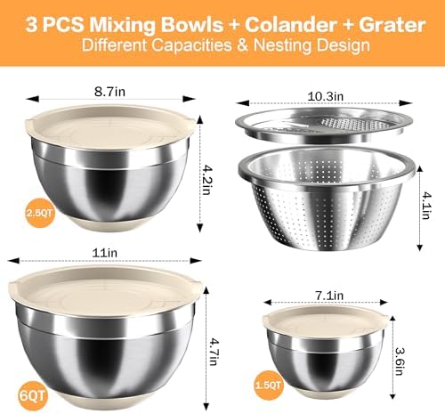 Nicdiet 3-Piece Stainless Steel Mixing Bowls with Airtight Lids