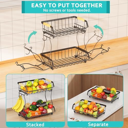 2 Tier Fruit Basket with Banana Hangers and Wooden Handles
