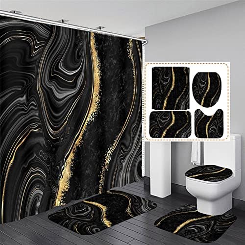 Nkzply 4 Pcs Black Shower Curtain Set with Rugs and Toilet Lid Cover