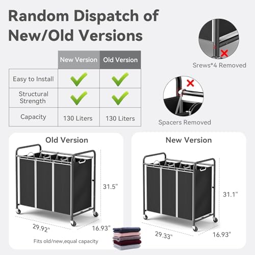 ROMOON 3 Compartment Laundry Sorter with Wheels and Removable Liners