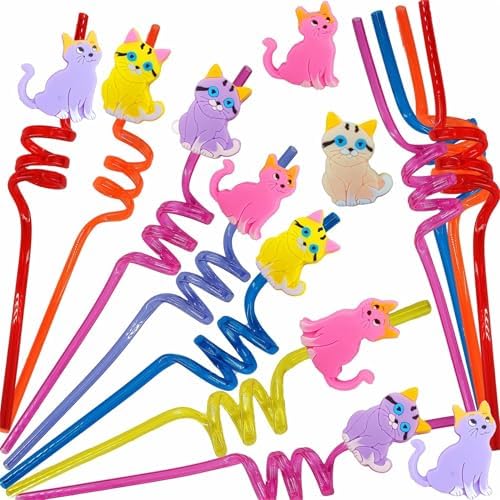 24 Bulk Cat Pattern Reusable Plastic Straws