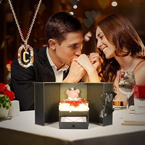 Cute Preserved Real Roses Bear Gift Box for Girlfriend with Initial Necklace