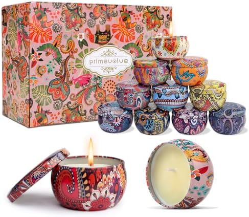 Primevolve Scented Candles 12 Pack Travel Tin Set for Women