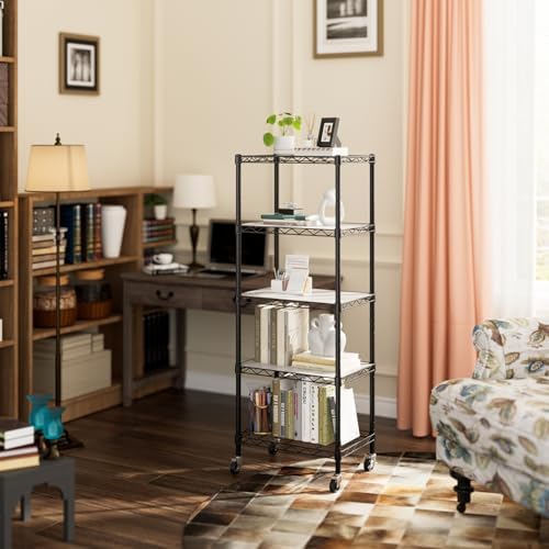 Golpart Small 5 Tier Metal Shelving Unit with Wheels Black