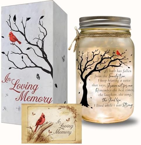 Memorial Mason Jar Light with Red Cardinal