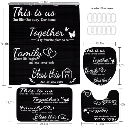 AZHM Family Shower Curtain Set with Rugs and 12 Hooks