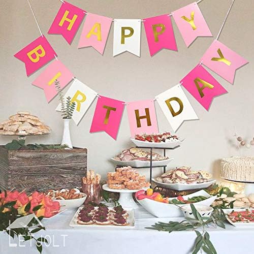 Roseo Pink Happy Birthday Banner with Golden Sparkle
