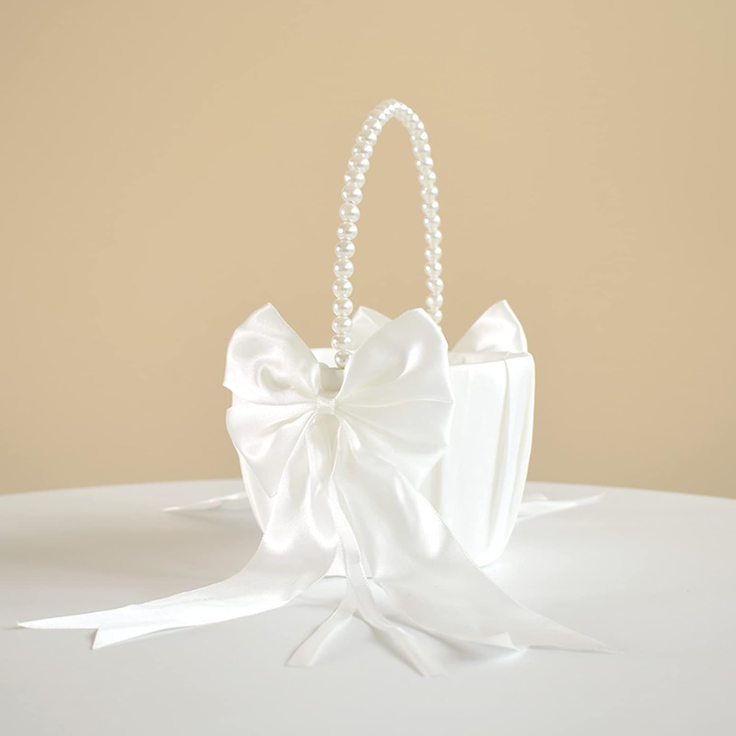 Ivory Satin Flower Girl Basket with Pearl Handle