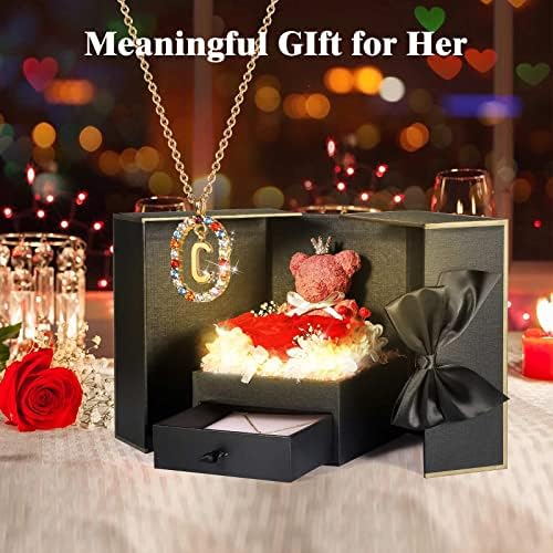 Cute Preserved Real Roses Bear Gift Box for Girlfriend with Initial Necklace