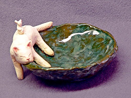 Handmade Ceramic Cat Mouse Trinket Bowl Ring Holder Soap Dish Candle Holder