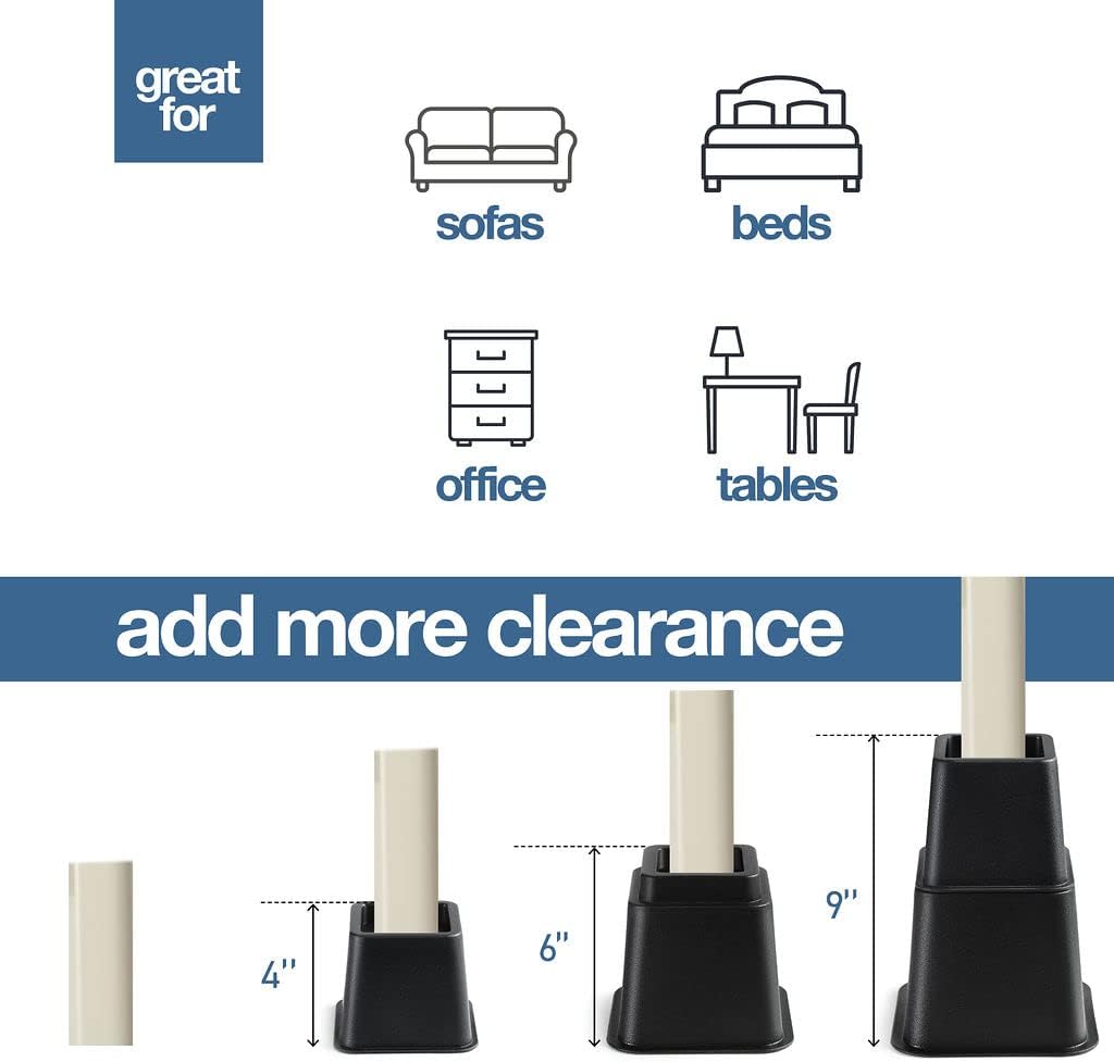 Home It Adjustable Bed Risers 4 Pack Black 3 5 8 Inch