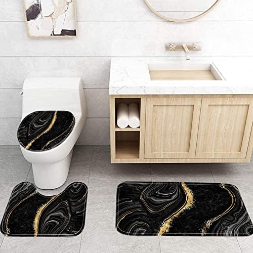 Nkzply 4 Pcs Black Shower Curtain Set with Rugs and Toilet Lid Cover