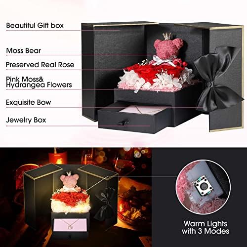 Cute Preserved Real Roses Bear Gift Box for Girlfriend with Initial Necklace