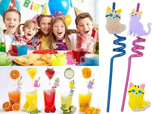 24 Bulk Cat Pattern Reusable Plastic Straws
