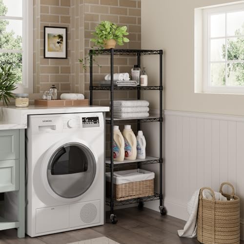 Golpart Small 5 Tier Metal Shelving Unit with Wheels Black