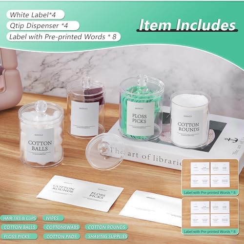 4 Pack Clear Q-tip Holder Dispenser with Lids and Labels
