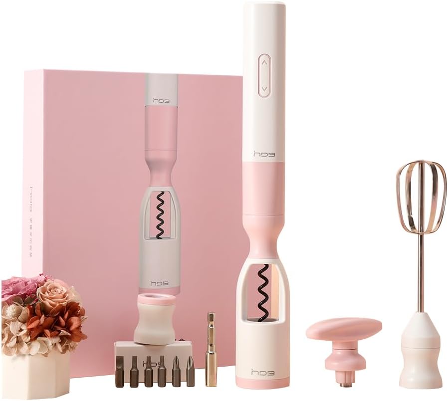6 in 1 Electric Wine Opener with Screwdriver Frother and Flashlight Pink
