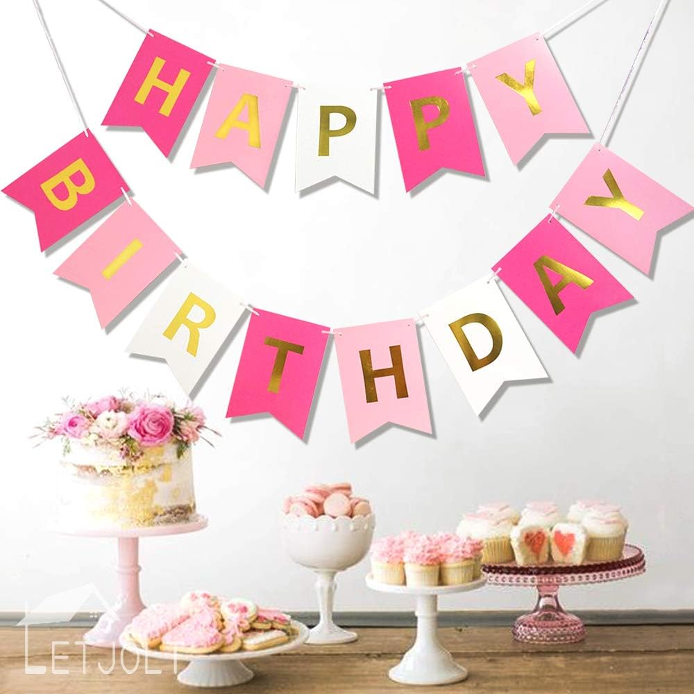 Roseo Pink Happy Birthday Banner with Golden Sparkle