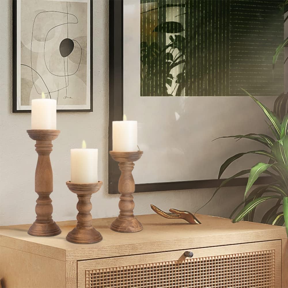Farmhouse Wooden Candle Holders Set of 3 Brown