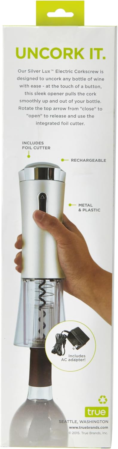 True Lux Electric Rechargeable Corkscrew Bottle Opener Silver