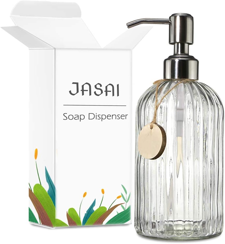 JASAI 18 Oz Clear Glass Soap Dispenser with Stainless Steel Pump