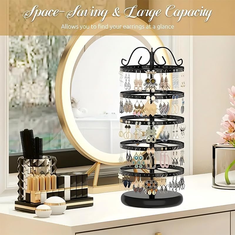 5-Tier Rotating Jewelry Display Stand with Adjustable Height Black Metal Organizer