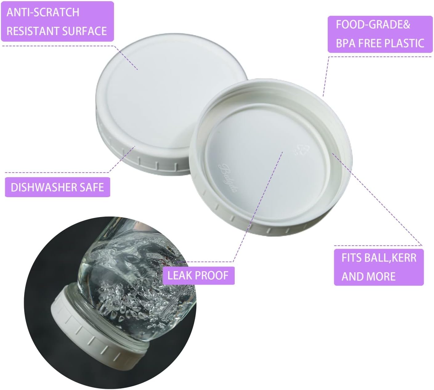 36 Pack White Plastic Mason Jar Lids with Silicone Rings