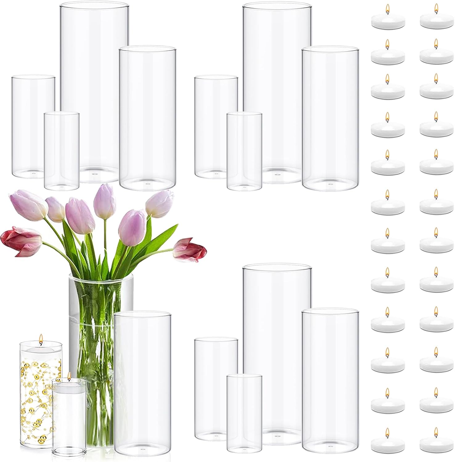 Set of 16 Glass Cylinder Vases with 24 Floating Candles for Centerpieces