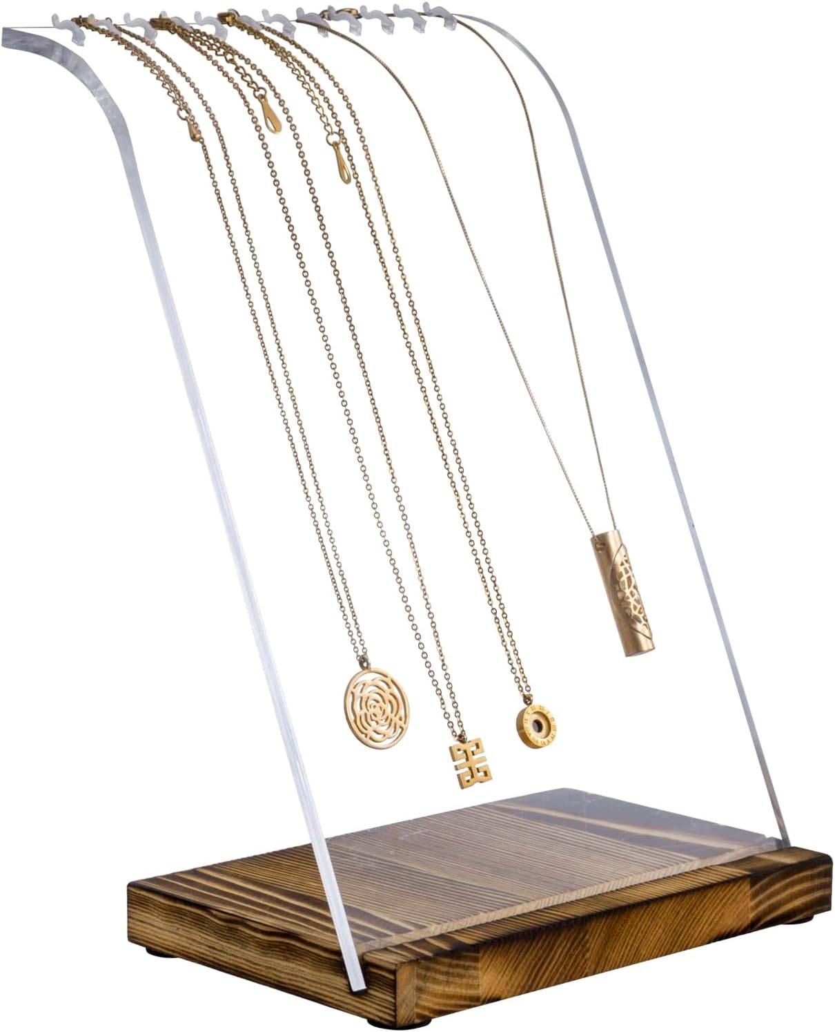 MyGift Modern Multi Necklace Holder with Clear Panel and Burnt Wood Base