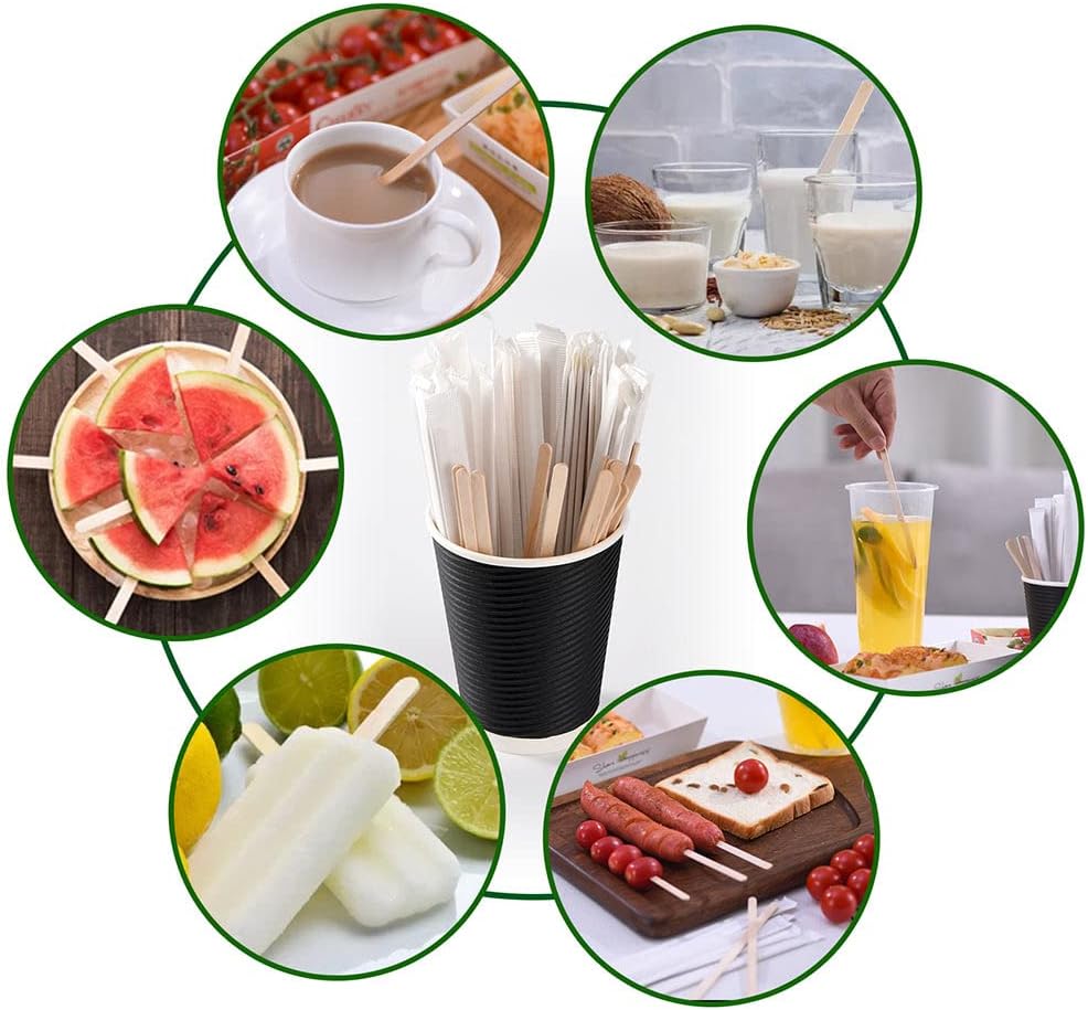 200pcs Individually Wrapped Wooden Coffee Stirrers - 55 Length
