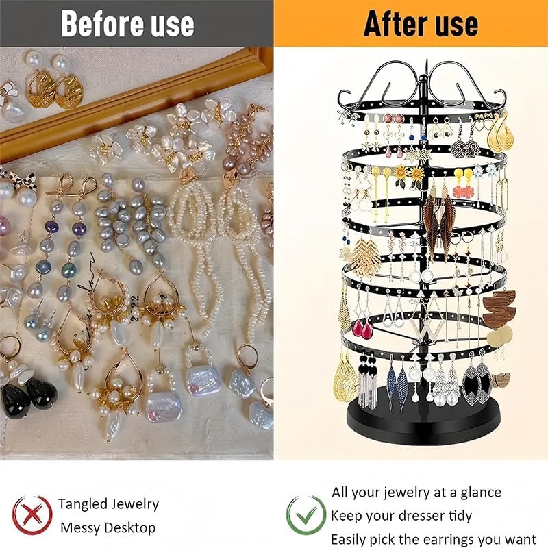 5-Tier Rotating Jewelry Display Stand with Adjustable Height Black Metal Organizer