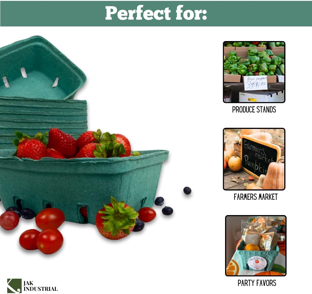 25 Pack Green Molded Pulp Berry Produce 15 Quart Baskets - Large Berry Basket