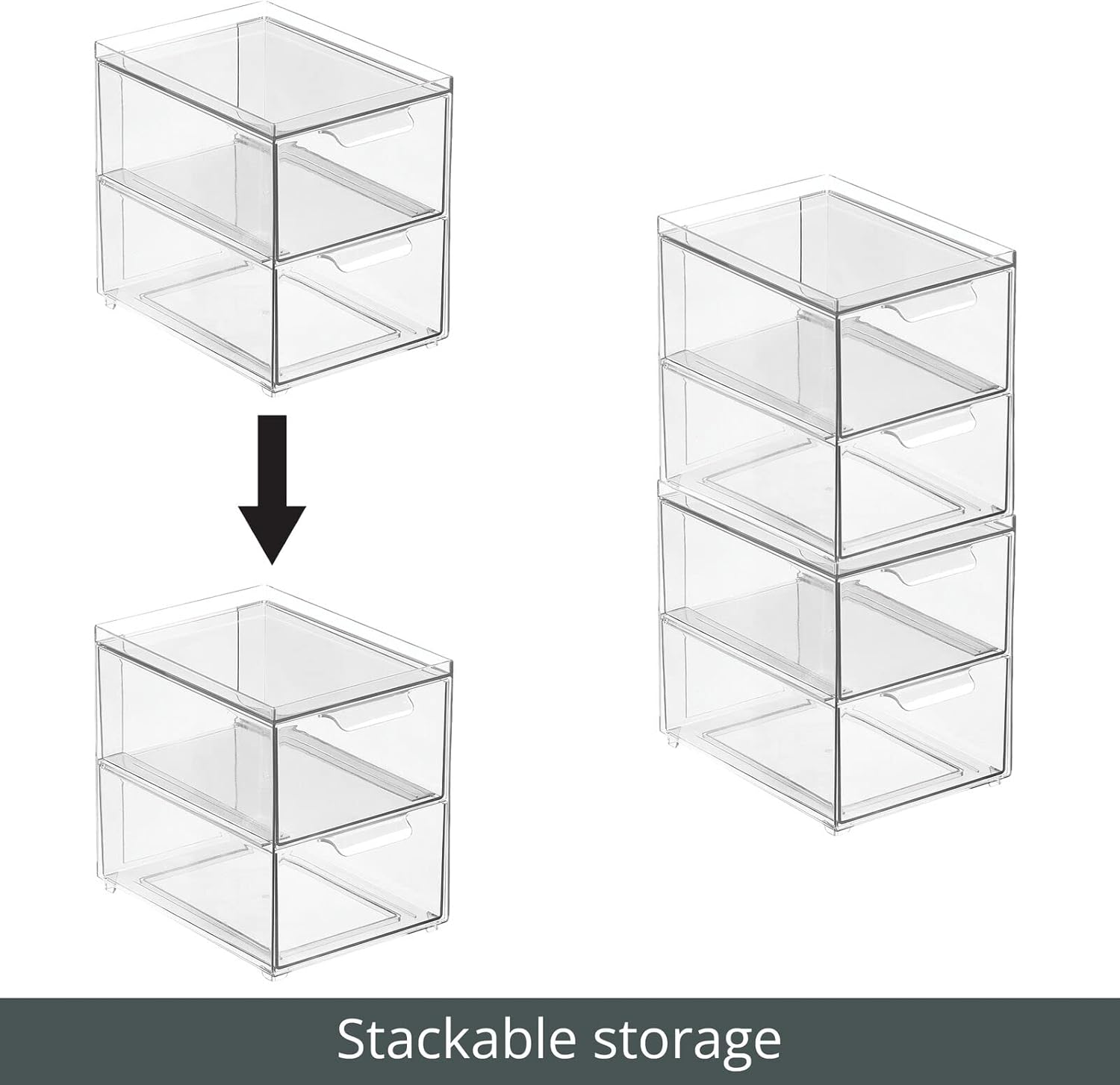 mDesign Stackable Storage Containers with 2 Drawers - 4 Pack Clear