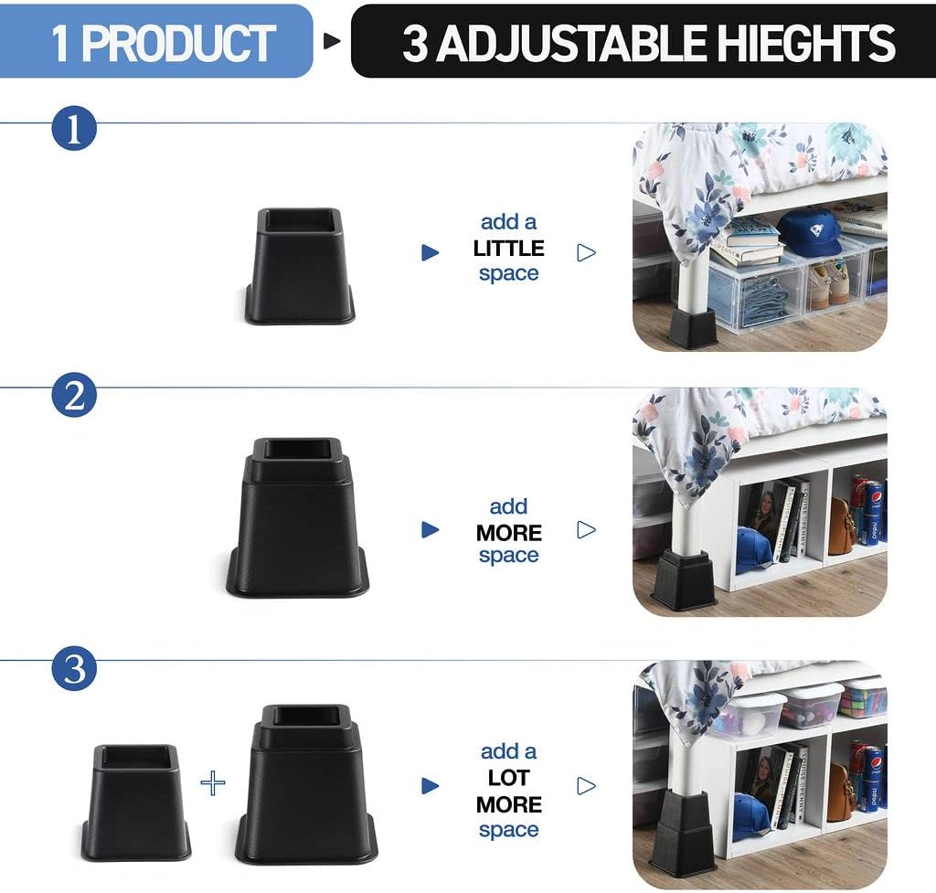 Home It Adjustable Bed Risers 4 Pack Black 3 5 8 Inch