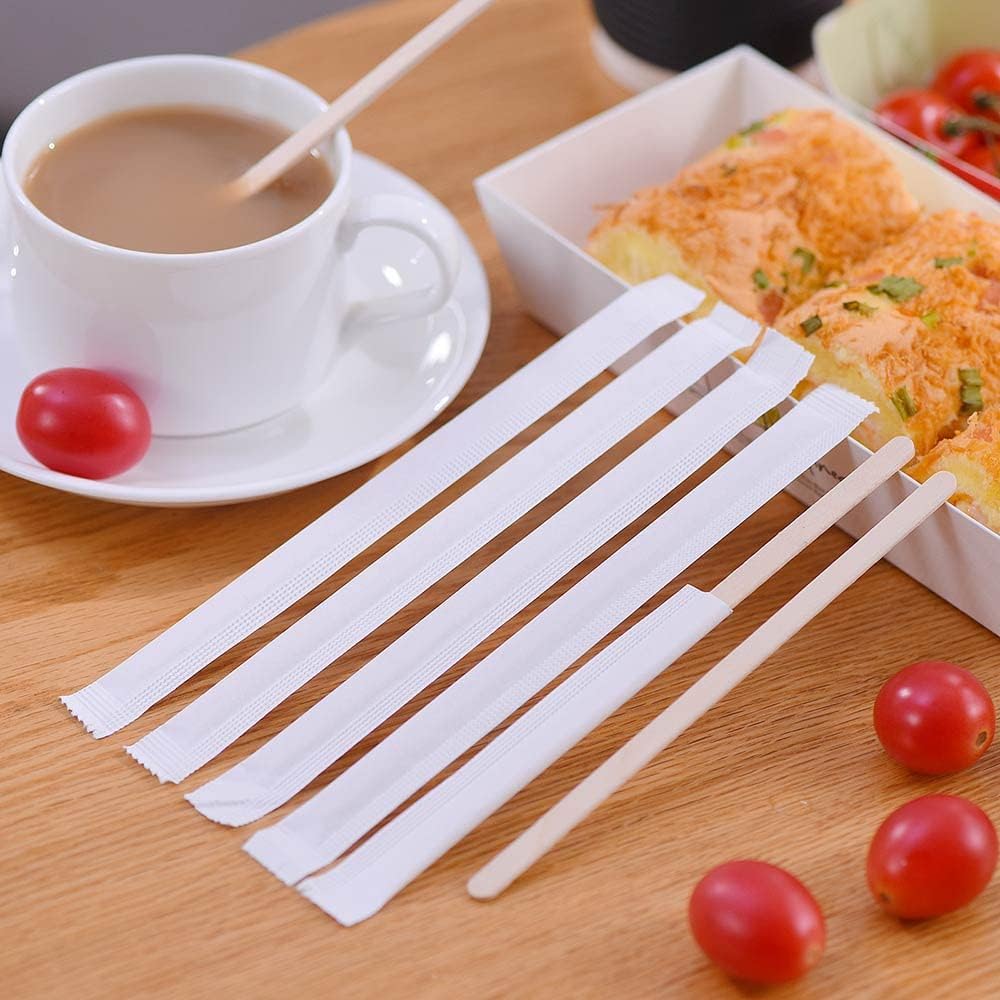 200pcs Individually Wrapped Wooden Coffee Stirrers - 55 Length