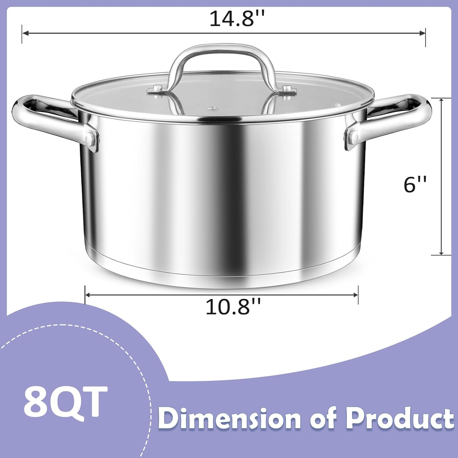 TeamFar 8QT Stock Pot with Lid and Tri-ply Bottom