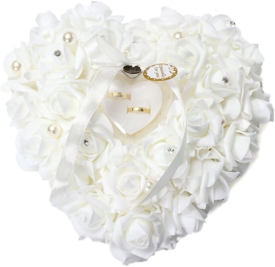 HONEYGIFTS Wedding Ring Pillow Heart Shape Rose Lace Cushion