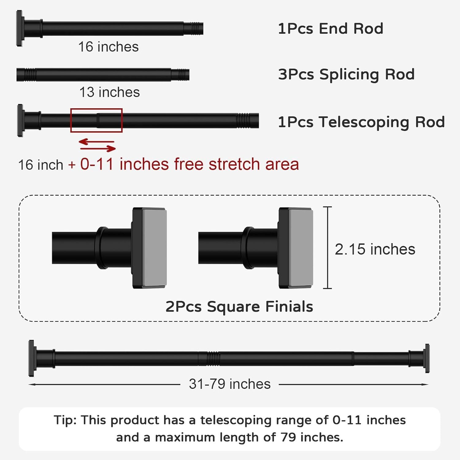 Adjustable Black Shower Curtain Rod No Drill 31-79 Inches