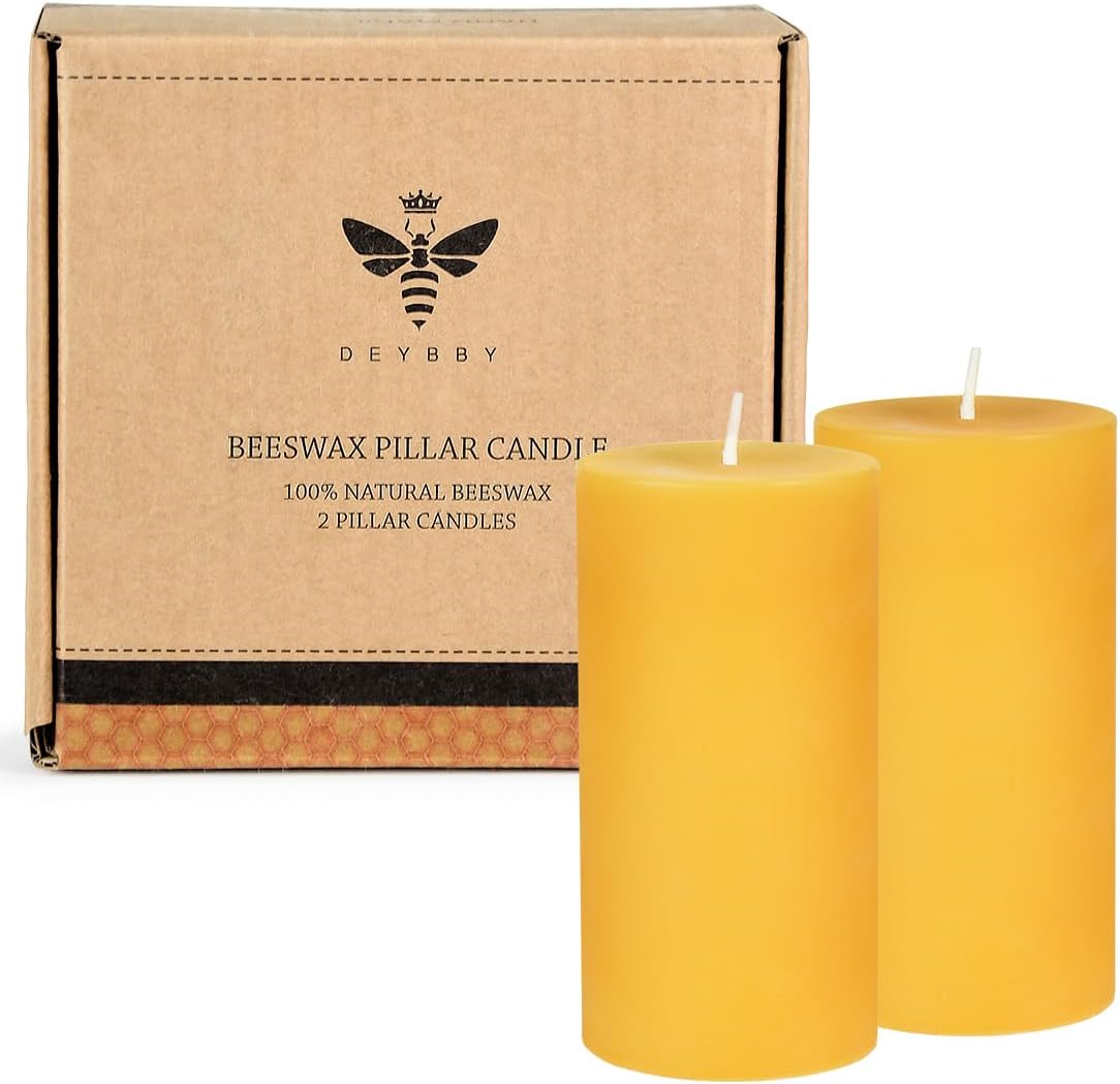 DEYBBY Natural Beeswax Pillar Candle Set 2 Pack Brown Raw