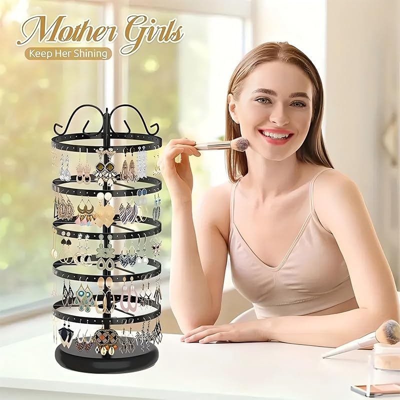 5-Tier Rotating Jewelry Display Stand with Adjustable Height Black Metal Organizer