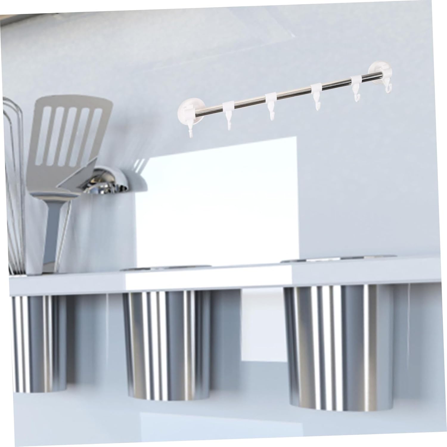 Adjustable Chrome Towel Bar Wall Mount Pot Rack Suction Cup Hooks