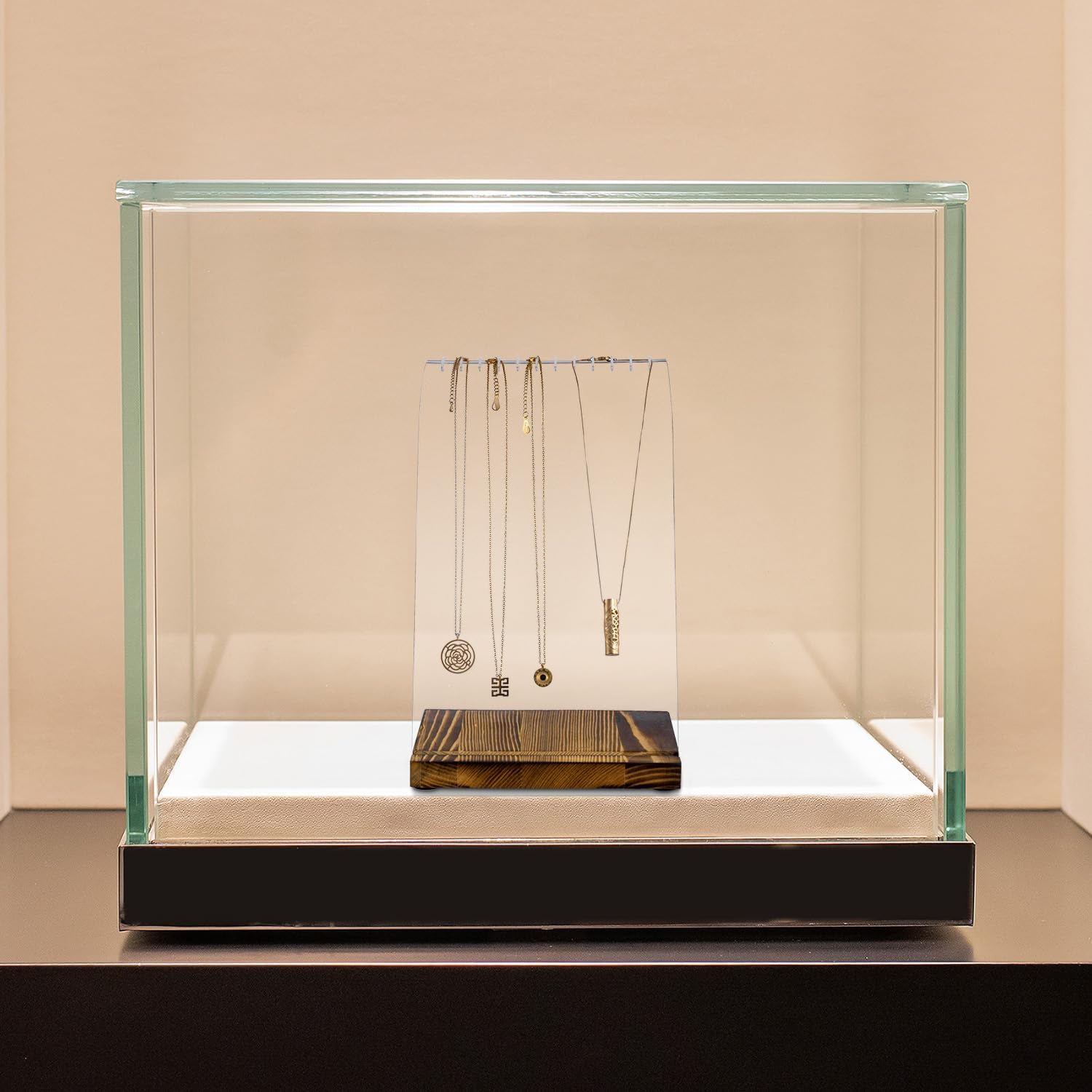 MyGift Modern Multi Necklace Holder with Clear Panel and Burnt Wood Base