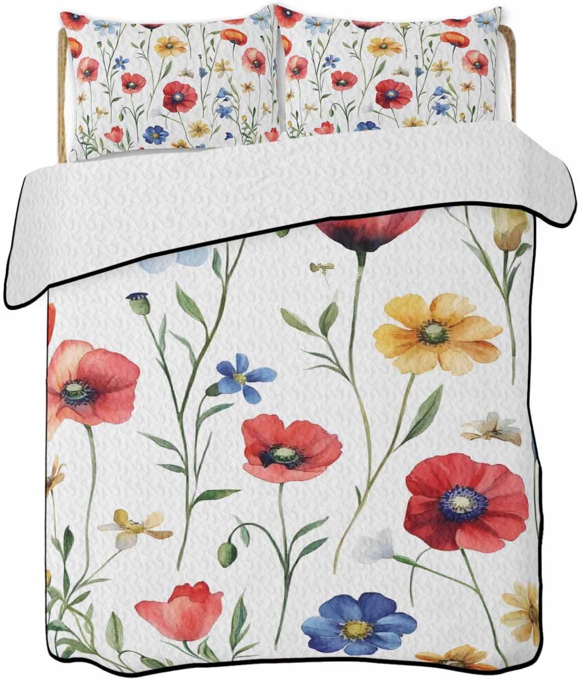 RisQiten King Size Quilt Set with Shams Pink Poppy Design
