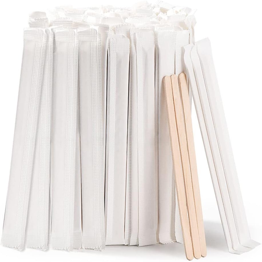 200pcs Individually Wrapped Wooden Coffee Stirrers - 55 Length