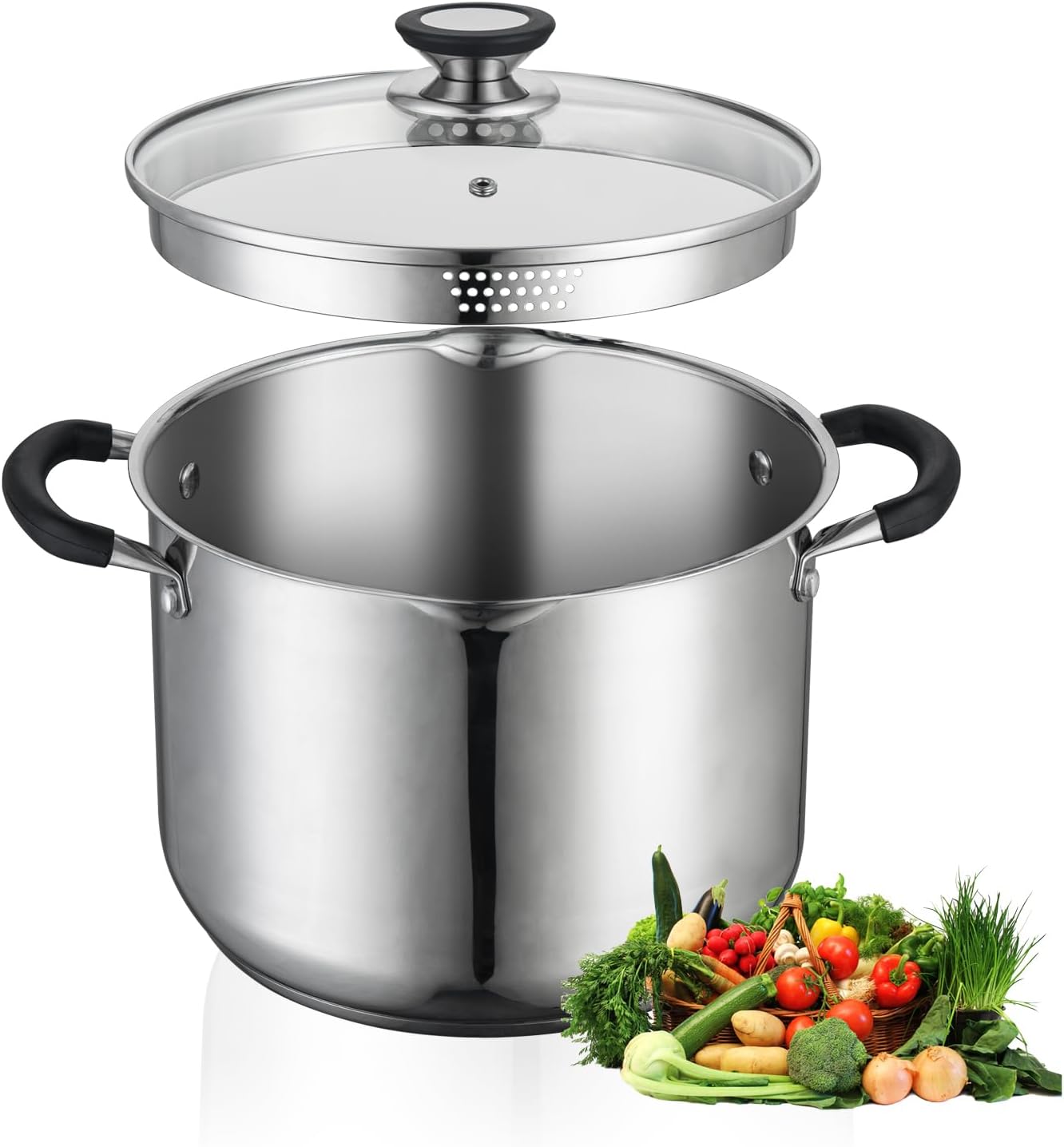 8 Quart Stainless Steel Stock Pot with Strainer Glass Lid