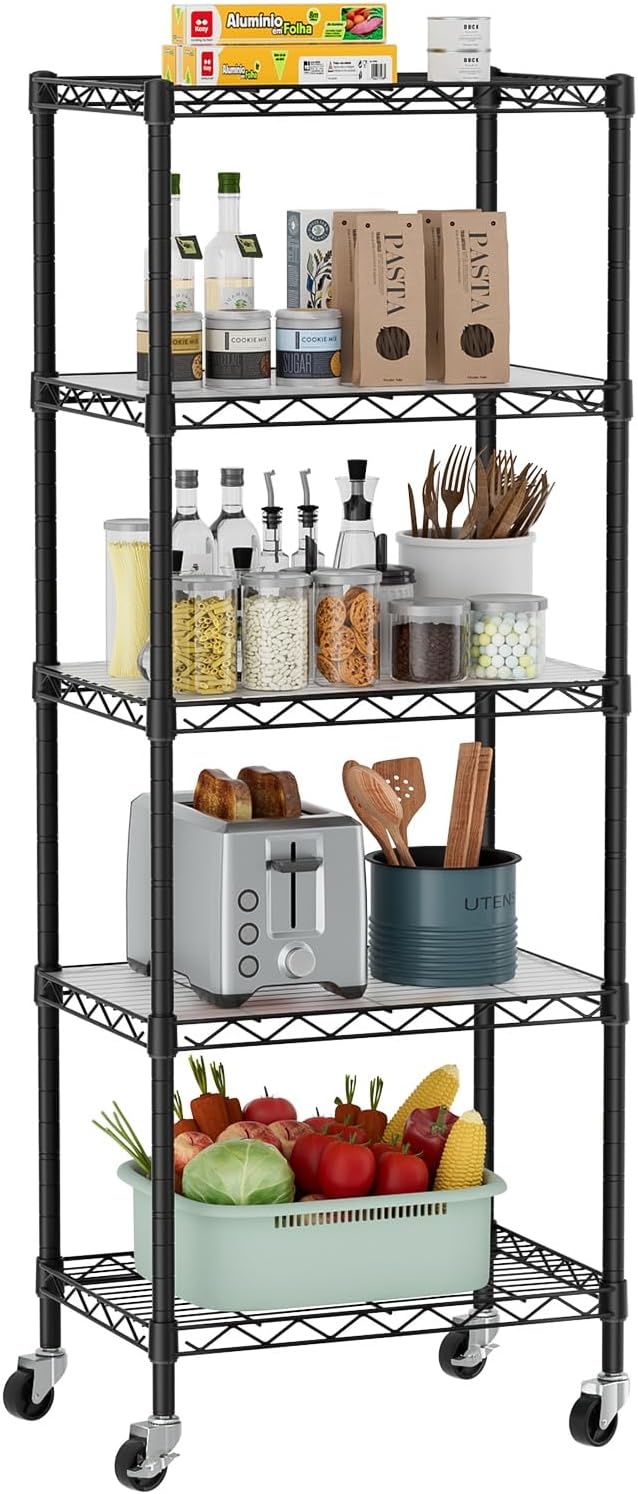 Golpart Small 5 Tier Metal Shelving Unit with Wheels Black