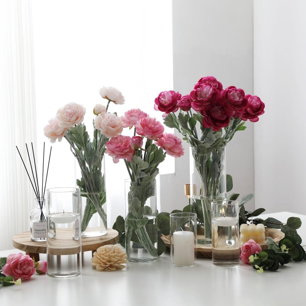 Set of 16 Glass Cylinder Vases with 24 Floating Candles for Centerpieces